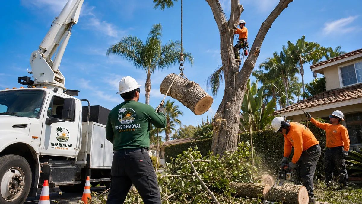 Tree removal crew lowering a trunk section with crane assistance beside a Southern California home